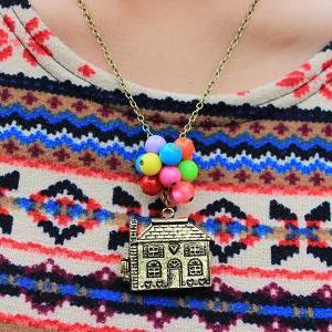 House Lifted By Balloons Charm And Bead Necklace