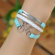Bracelet, bike bracelet,retro silver love bike,alloy bracelet, blue leather braid bracelet,engraved where there is a will there is a way