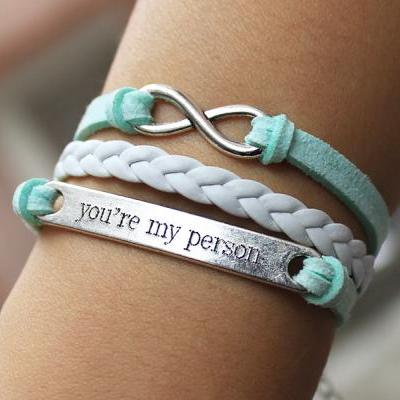 You are my person bracelet,mint green bracelet,infinity bracelet,engrave bracelet,custom engrave bracelet