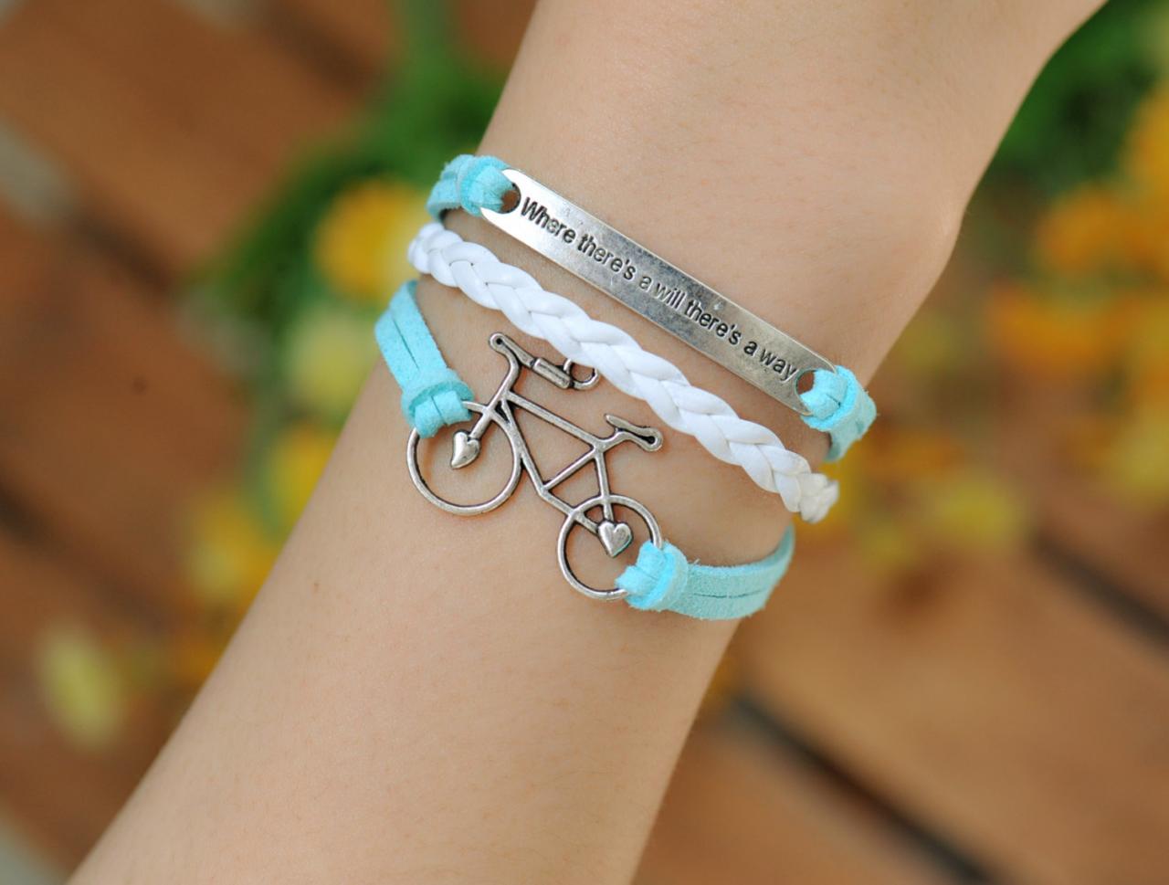 Bracelet, Bike Bracelet,retro Silver Love Bike,alloy Bracelet, Blue Leather Braid Bracelet,engraved Where There Is A Will There Is A Way