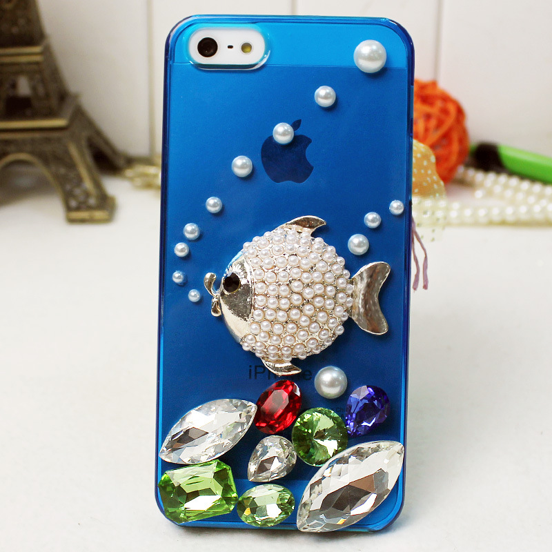 Fish Iphone Case,transparent Blue Iphone Casediamond Iphone 5 Case ,bling Iphone5 Case ,high Quality Phone Case .rhinestone Crystal Iphone Case